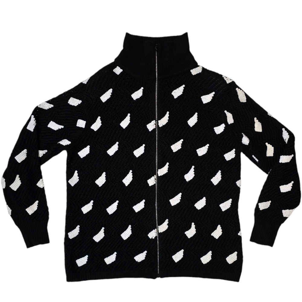 Women's Gardy Cardigan Knit Sweater Black Knit White Sequins Rhinestone Zipper L